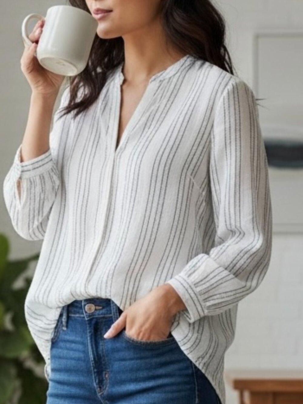 Vince Striped Semi Sheer Cotton Buttoned Front Summer Tunic Top Women's size 2